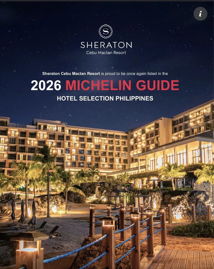 Sheraton Cebu Mactan Resort’s announcement of inclusion in the 2026 MICHELIN Guide hotel selection, above a nighttime resort photograph